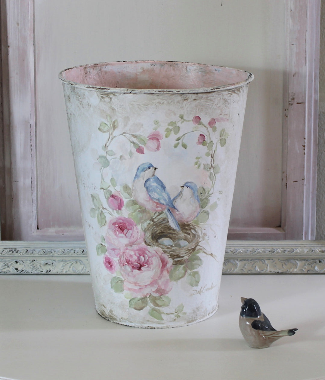 Shabby Chic Romantic Cottage French Floral Bucket Bluebird Roses and Nest Original by Debi Coules