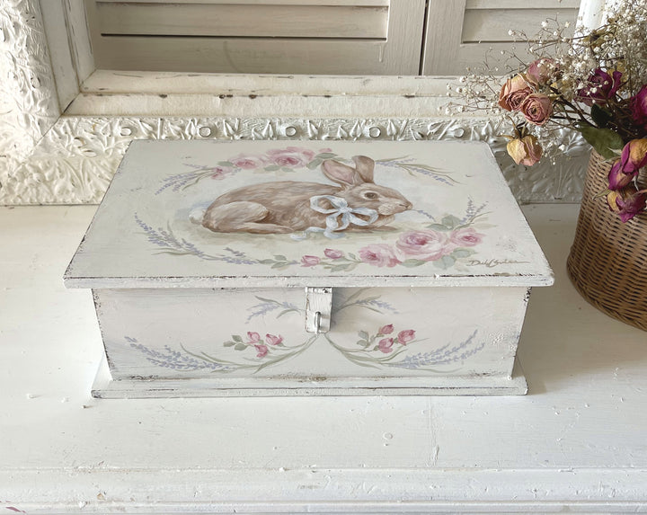 Shabby Chic Vintage Spring Bunny With Roses And Lavender Wooden Keepsake Box Original by Debi Coules