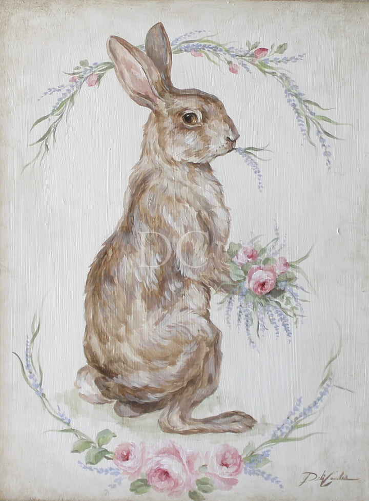 Shabby Chic Vintage Bunny With Roses and Lavender Wood Pannel Wall Art by Debi Coules