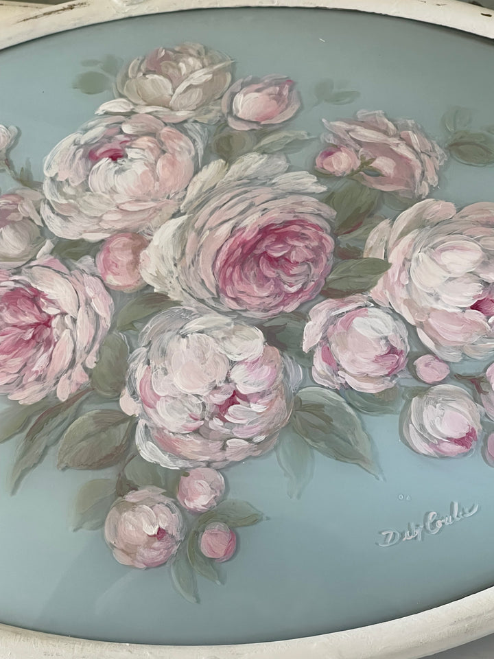 Shabby Chic Antique Peonies And Roses  Metal Framed Original Painting On Convex Glass by Debi Coules