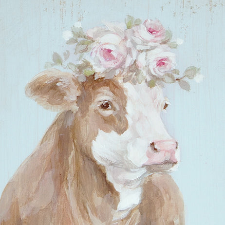 A Beautiful Tan Cow lounging in a vintage bathtub is sure to make you smile. She has a floral crown hightlighted with pink roses. , various shades of pink, off pink, mauve, whites on a blue grey background. Lots of shabby chic, modern farmhouse, and cottage warmth. Fabulous art by Debi Coules