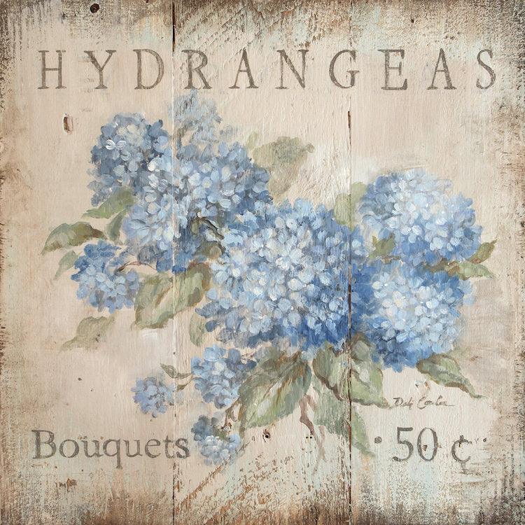 Beautiful Blue Hydrangeas on an antique white, distressed, vintage shabby chic style background. Also works with modern farmhouse. The writing states: Hydrangea bouquets 50 cents. A rustic wooden sign that would be great in kitchen, bath, or anywhere