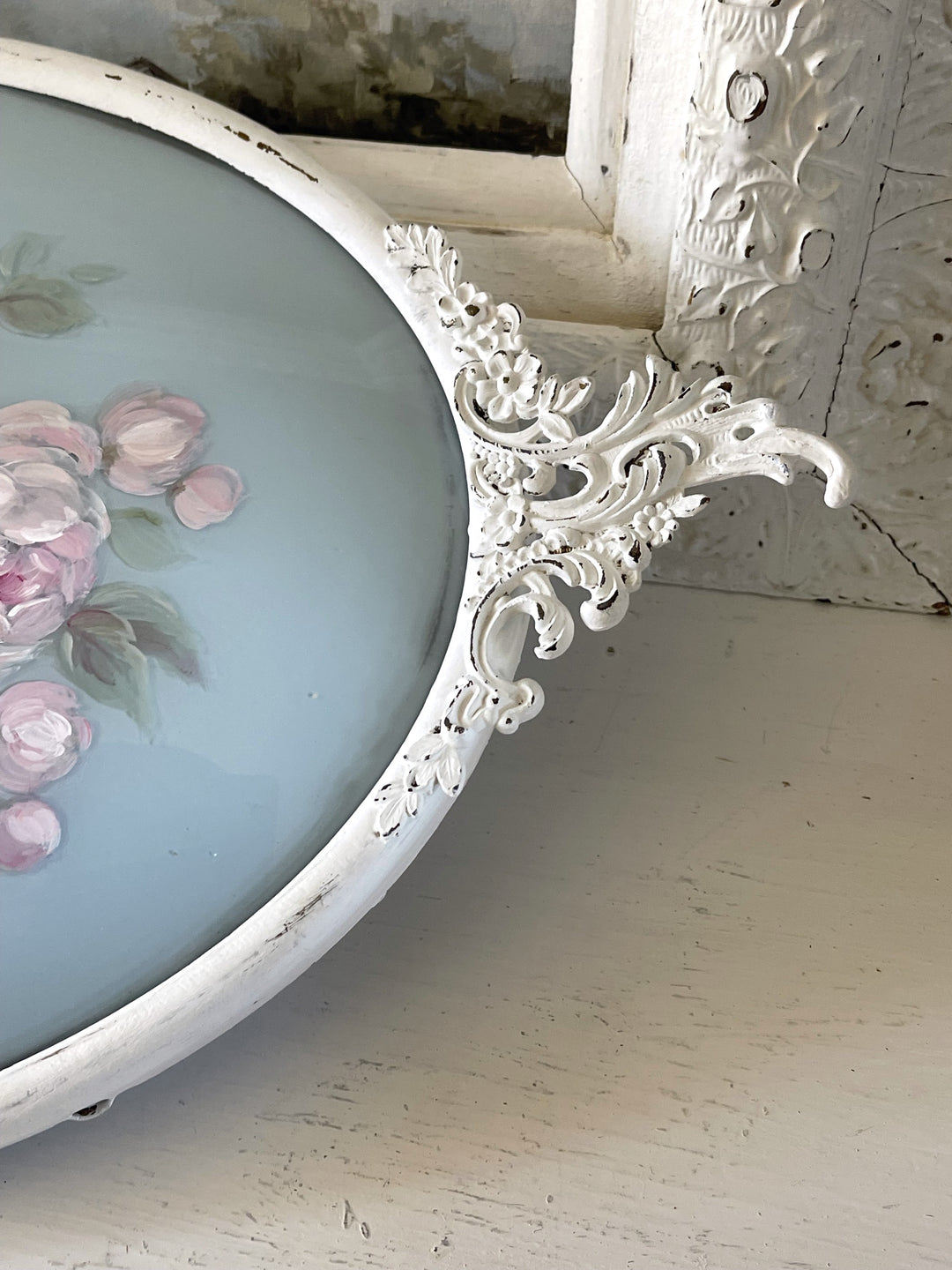 Shabby Chic Antique Peonies And Roses  Metal Framed Original Painting On Convex Glass by Debi Coules