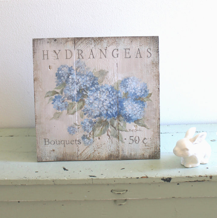 Shabby Chic Vintage Blue Hydrangea Reclaimed Vintage Wood Sign by Debi Coules