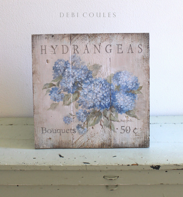 Shabby Chic Vintage Blue Hydrangea Reclaimed Vintage Wood Sign by Debi Coules