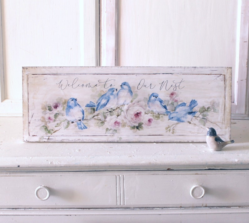 "Welcome To Our Nest" Wood Print Bluebirds and Roses By Debi Coules