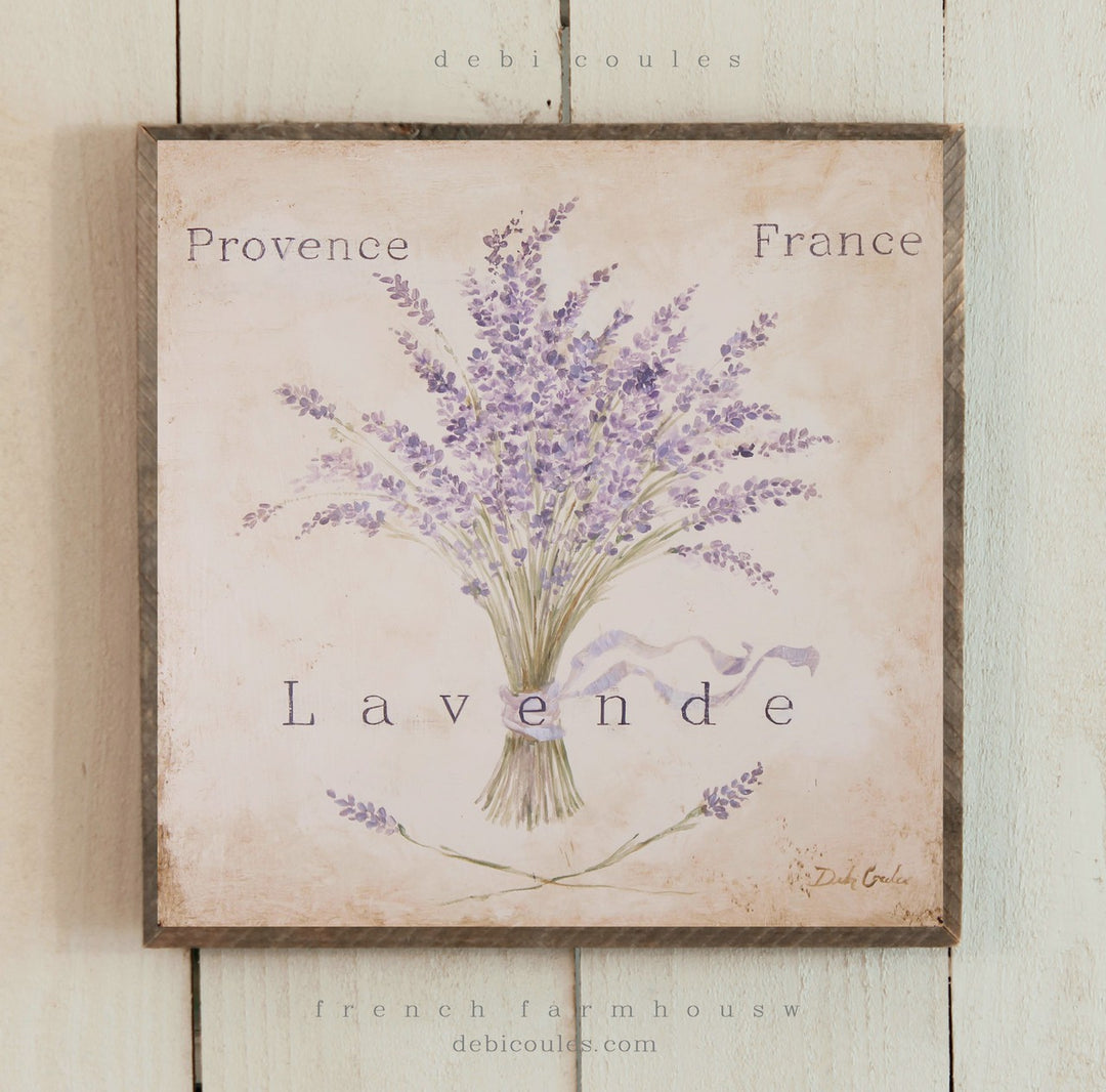 Lavender bouquet in full bloom, French Shabby Chic and vintage. Lots of purples, tans, warm feeling. “lavende” slogan Provence Franch By artist Debi Coules