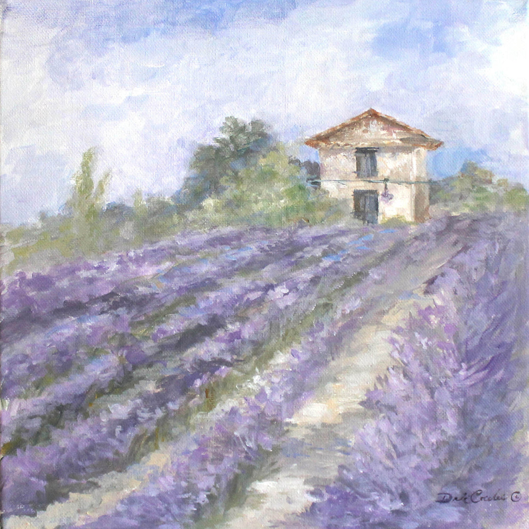 Lavender fields in full bloom on a French countryside farm, Shabby Chic and vintage rustic farmhouse and impressionistic by design. Lots of purples, tans, and blue sky with a few clouds. Green trees add to the warm feeling. By artist Debi Coules