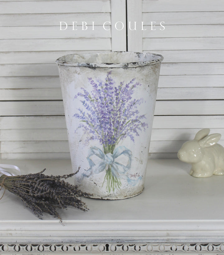 Shabby Chic Vintage Lavender French Floral Bucket with Bow by Debi Coules