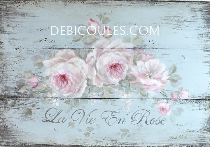 ORIGINAL PAINTING "La Vie En Rose" Pink Roses Romantic French Sign Shabby Chic by Debi Coules