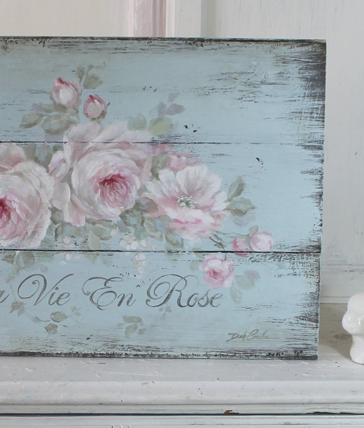 ORIGINAL PAINTING "La Vie En Rose" Pink Roses Romantic French Sign Shabby Chic by Debi Coules