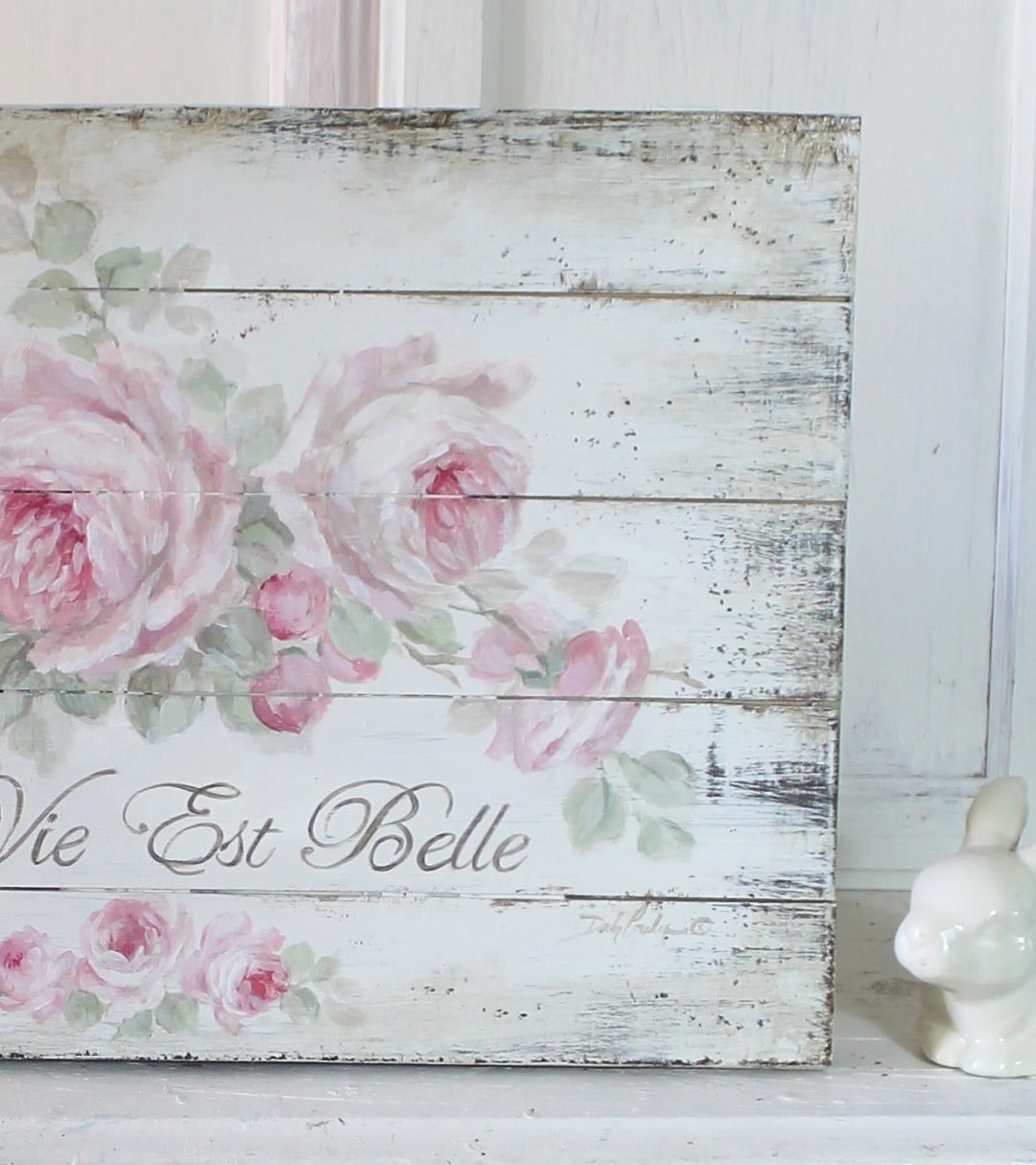 Shabby French Chic La Vie Est Belle Vintage Style Hand Painted Wood Sign Pink Roses Sign by Debi Coules