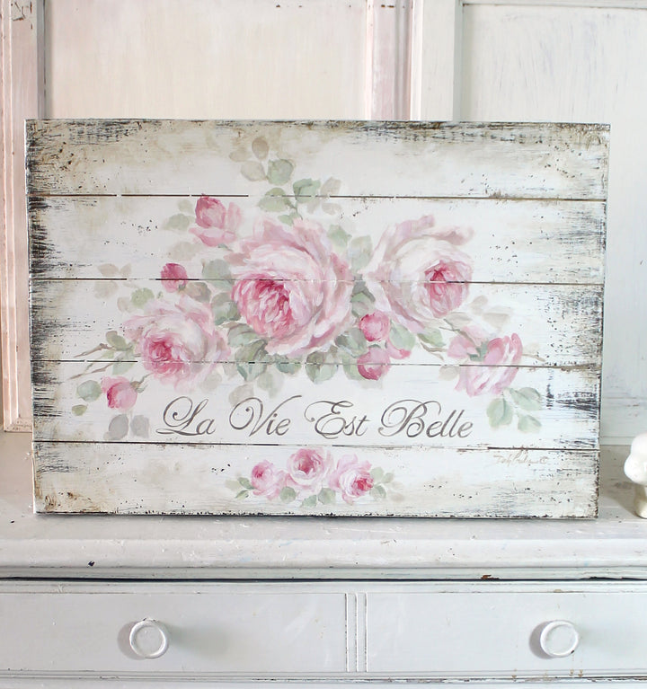 Shabby French Chic La Vie Est Belle Vintage Style Hand Painted Wood Sign Pink Roses Sign by Debi Coules