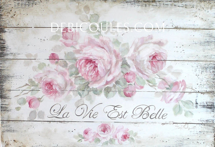 Shabby French Chic La Vie Est Belle Vintage Style Hand Painted Wood Sign Pink Roses Sign by Debi Coules