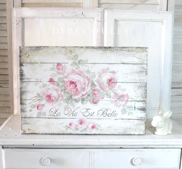 Shabby French Chic La Vie Est Belle Vintage Style Hand Painted Wood Sign Pink Roses Sign by Debi Coules