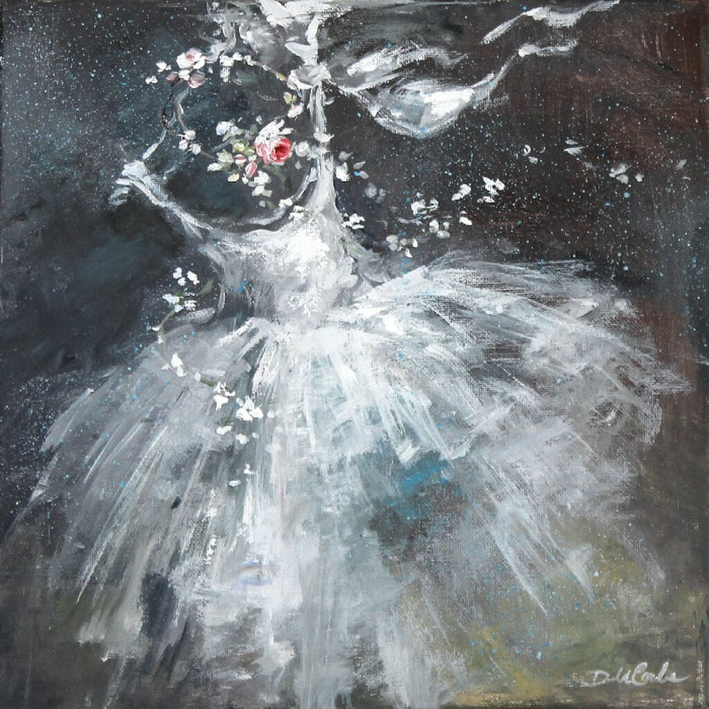 A pure white tutu dances across the canvas of stars with pink roses and white flowers swirling