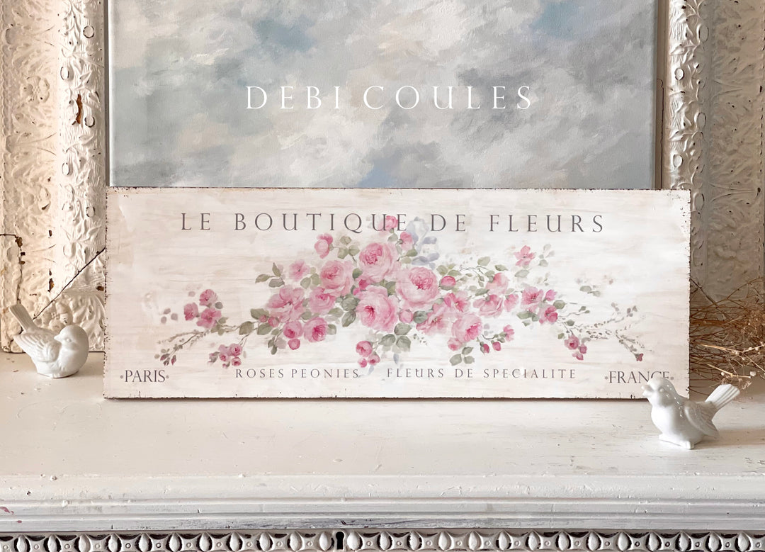 Shabby French Chic Pink Roses Wood Sign " Le Boutique De Fleurs" by Debi Coules