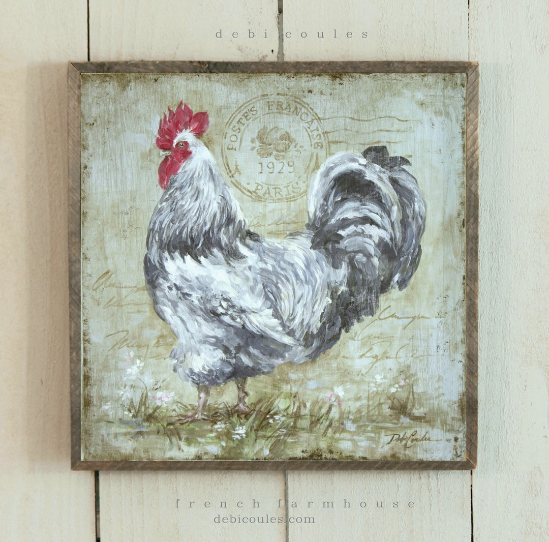 Barn wood framed white and black rooster with French postage stamp, blue distressed background. Rustic Barn wood style frame. Debi coules artist, animals, farmhouse collection. touch of French, shabby, cottage, Chic to your home décor.