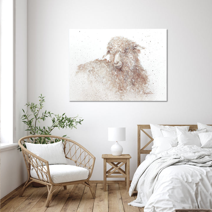 Sheep parinting artwork haning in modern scandanvian bedroom