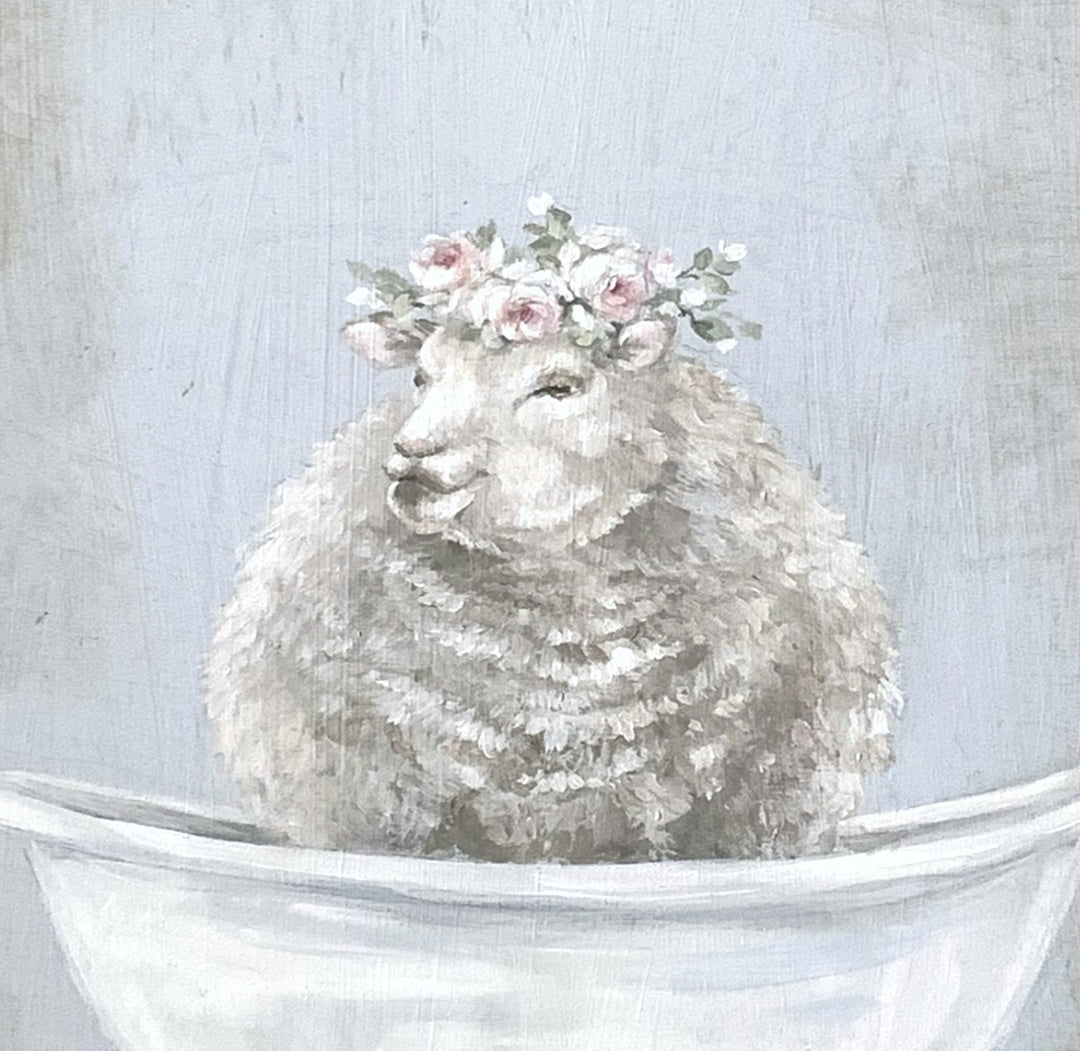 "Sheep In A Tub" Framed Wood Print