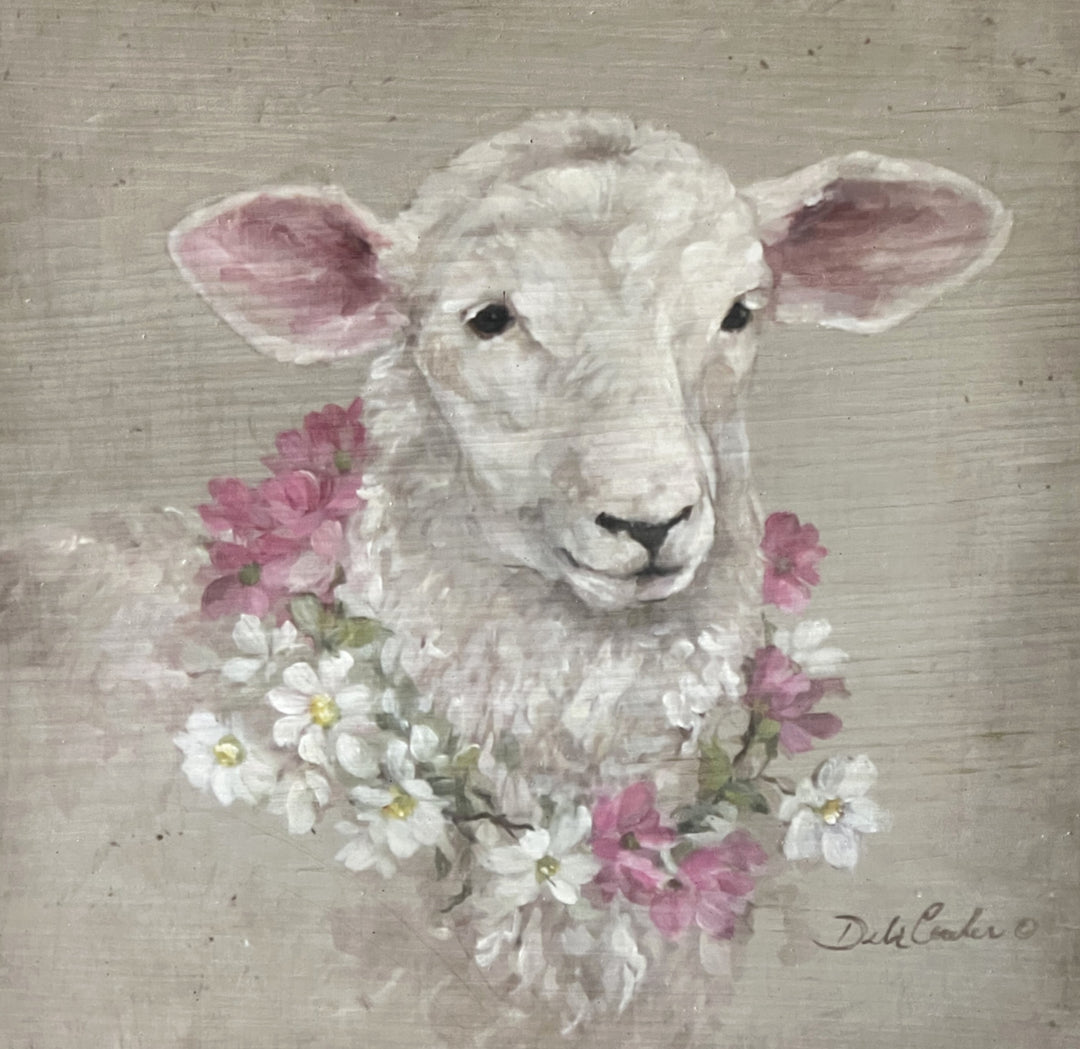 "Lamb with Floral Wreath" Barnwood Framed Wood Print