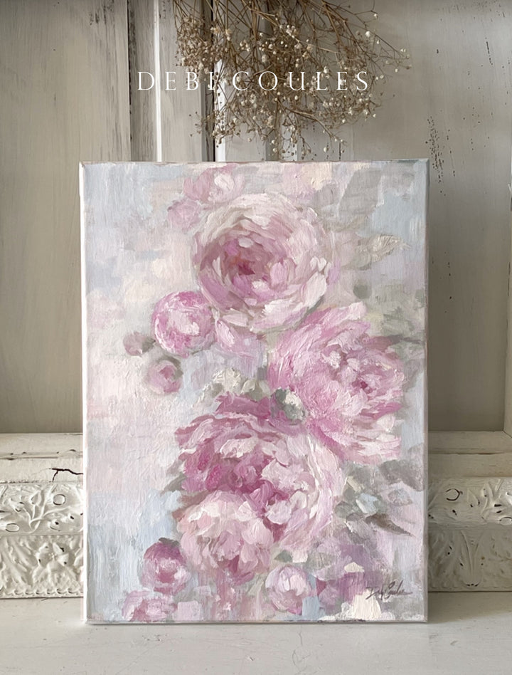 Shabby Chic "Peony Flowers" Pink Peonies Original Canvas Painting by Debi Coules