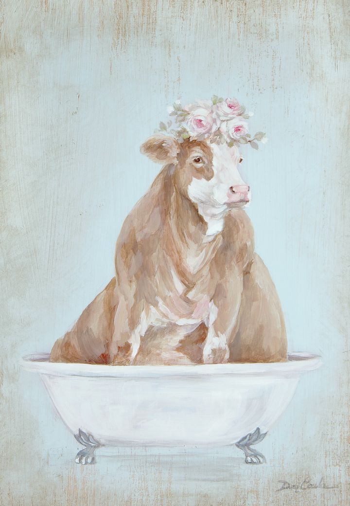 A Beautiful Tan Cow lounging in a vintage bathtub is sure to make you smile. She has a floral crown hightlighted with pink roses. , various shades of pink, off pink, mauve, whites on a blue grey background. Lots of shabby chic, modern farmhouse, and cottage warmth. Fabulous art by Debi Coules